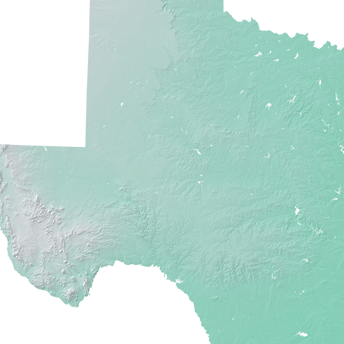 Texas state map print with natural landscape in aqua tints designed by Maps As Art.