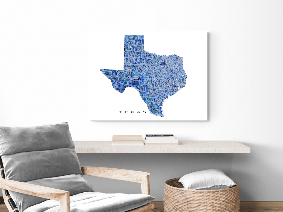 Texas state map art print in blue shapes designed by Maps As Art.