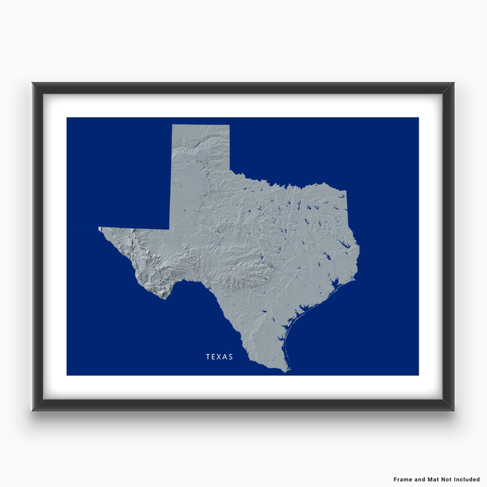 Texas state map print with natural landscape in greyscale and a navy blue background designed by Maps As Art.