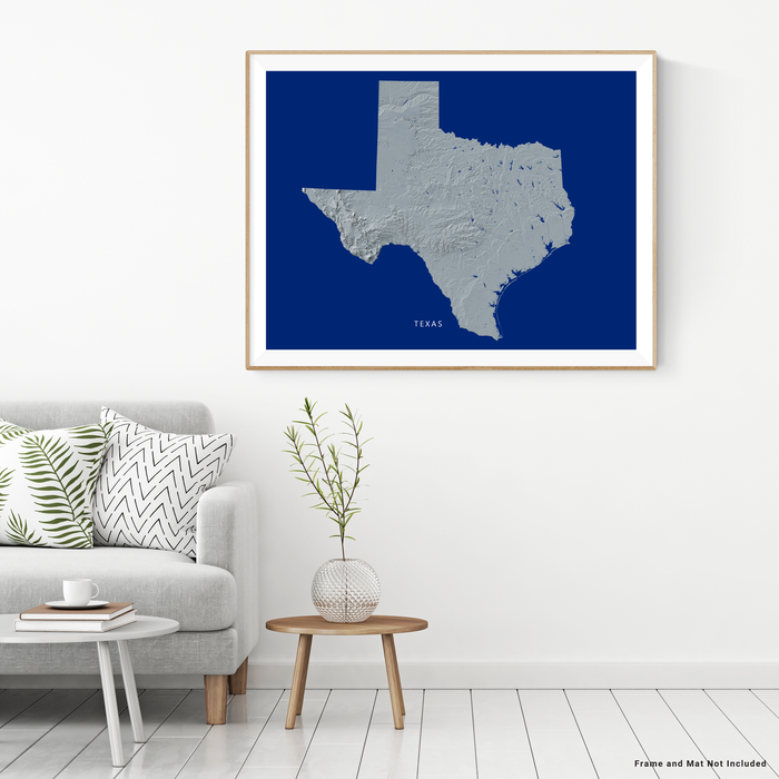 Texas state map print with natural landscape in greyscale and a navy blue background designed by Maps As Art.