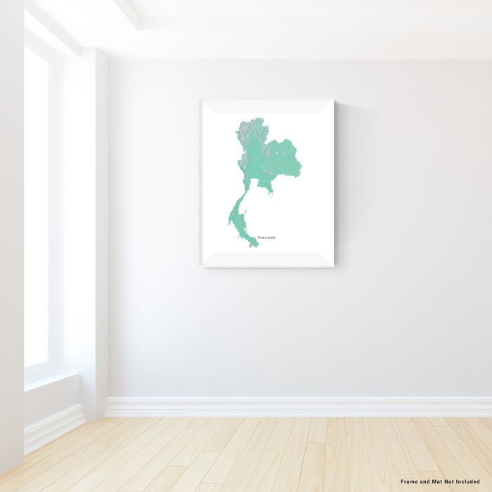 Thailand map print with natural landscape in aqua tints designed by Maps As Art.