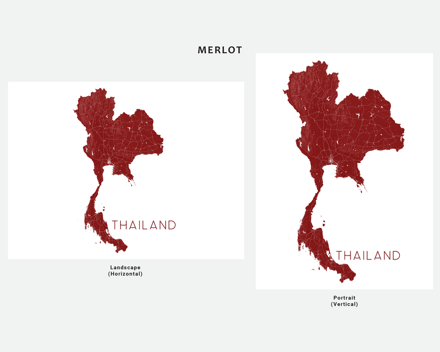Thailand map print in Merlot by Maps As Art.