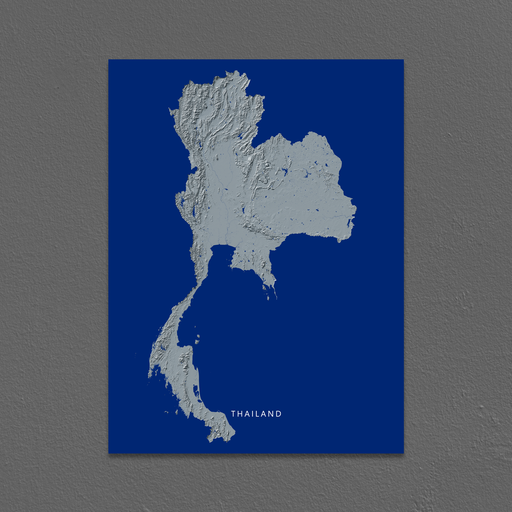 Thailand country map print with natural landscape in greyscale and a navy blue background designed by Maps As Art.