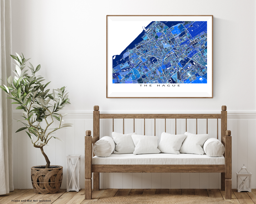 The Hague, Netherlands map art print in blue shapes designed by Maps As Art.