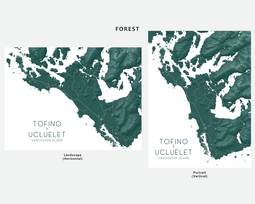 Tofino and Ucluelet, Vancouver Island map print in Forest by Maps As Art.