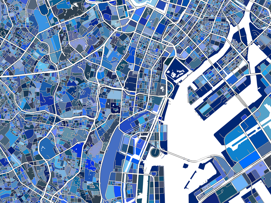 Tokyo, Japan map art print in blue shapes designed by Maps As Art.