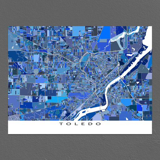 Toledo, Ohio map art print in blue shapes designed by Maps As Art.