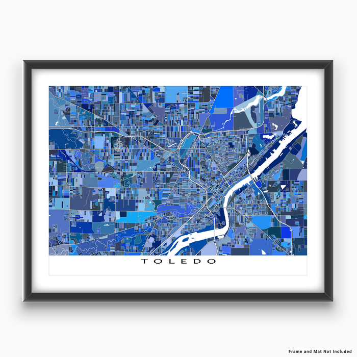 Toledo, Ohio map art print in blue shapes designed by Maps As Art.