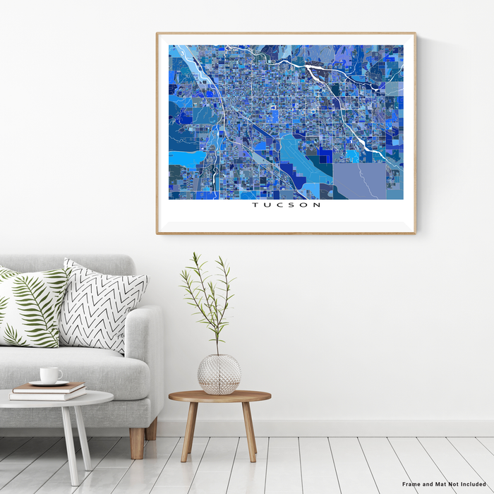 Tucson, Arizona map art print in blue shapes designed by Maps As Art.