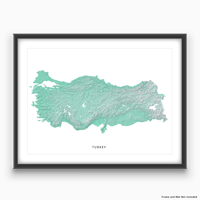 Turkey map print with natural country landscape in aqua tints designed by Maps As Art.