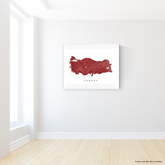Turkey map print with natural country landscape and main roads in Merlot designed by Maps As Art.