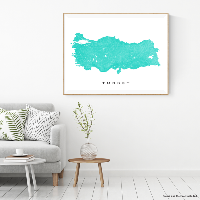 Turkey map print with natural country landscape and main roads in Turquoise designed by Maps As Art.