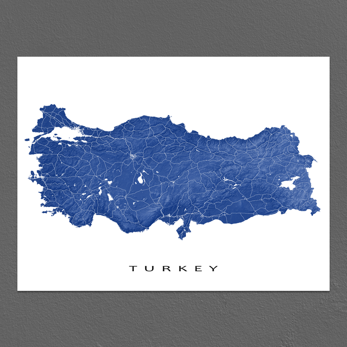 Turkey map print with natural country landscape and main roads in Navy designed by Maps As Art.