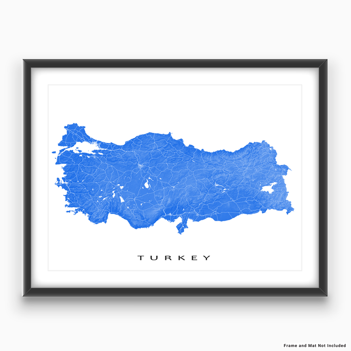 Turkey map print with natural country landscape and main roads in Blue designed by Maps As Art.
