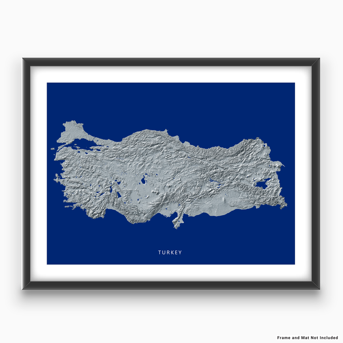Turkey map print with natural landscape in greyscale and a navy blue background designed by Maps As Art.