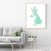 United Kingdom map print with natural landscape in aqua tints designed by Maps As Art.