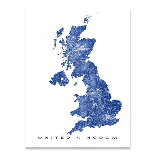 United Kingdom map print with natural landscape and main roads in Navy designed by Maps As Art.