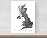 United Kingdom map print with natural landscape and main roads designed by Maps As Art.