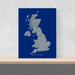 United Kingdom map print with natural landscape in greyscale and a navy blue background designed by Maps As Art.