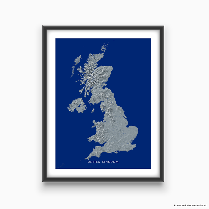 United Kingdom map print with natural landscape in greyscale and a navy blue background designed by Maps As Art.