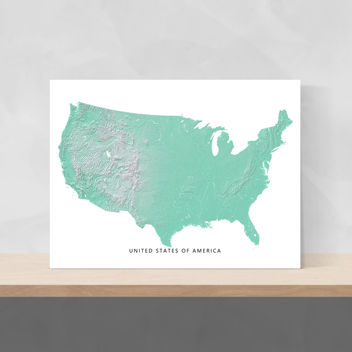 USA map print with natural landscape in aqua tints designed by Maps As Art.