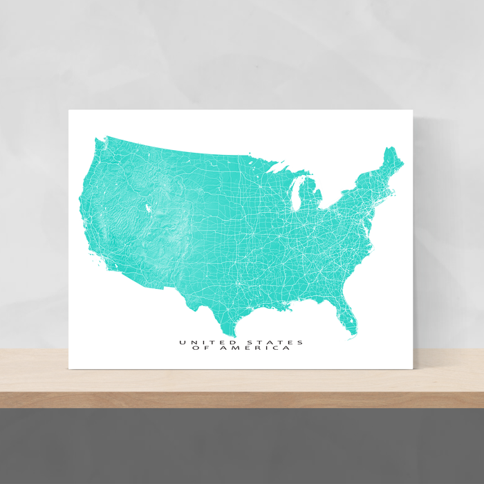 USA map print with natural landscape and main roads in Turquoise designed by Maps As Art.