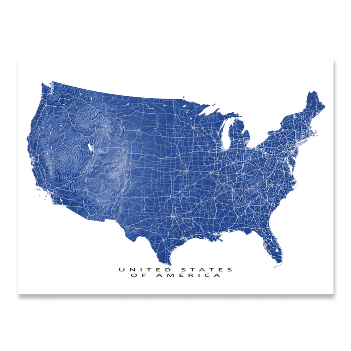 USA map print with natural landscape and main roads in Navy designed by Maps As Art.