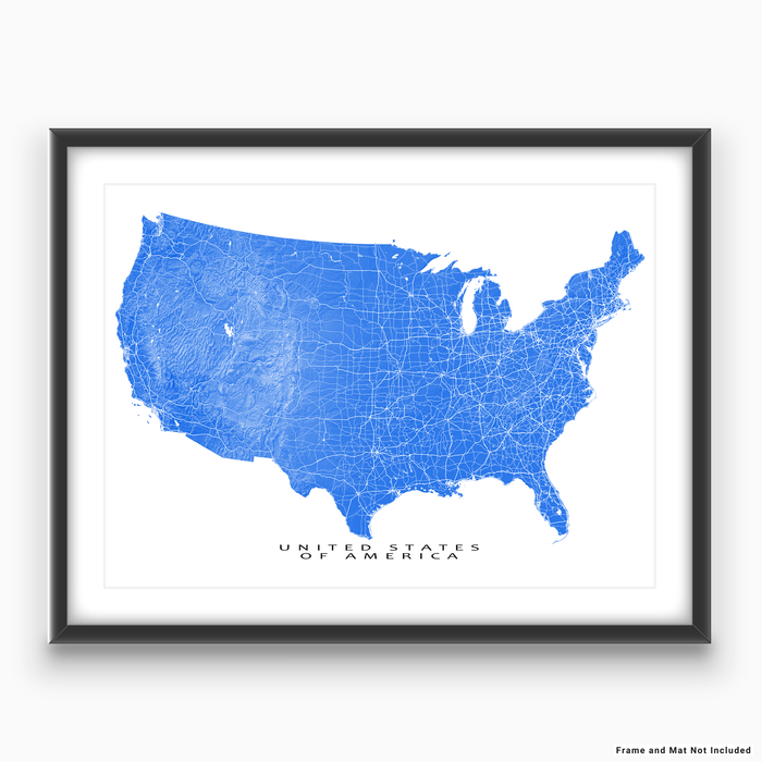 USA map print with natural landscape and main roads in Blue designed by Maps As Art.