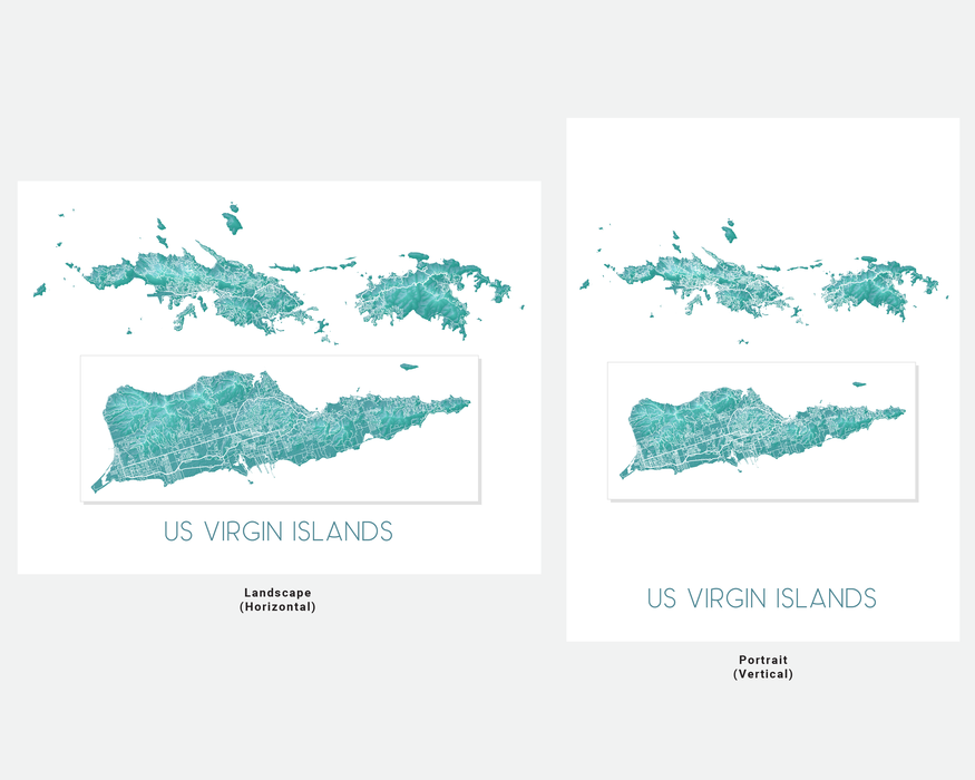 USVI map print with a turquoise topographic design by Maps As Art.