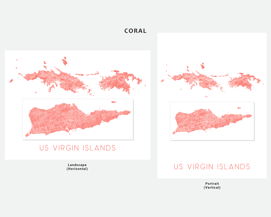 US Virgin Islands map print in Coral by Maps As Art.