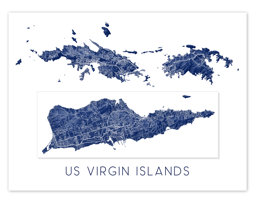 US Virgin Islands map print in Midnight by Maps As Art.