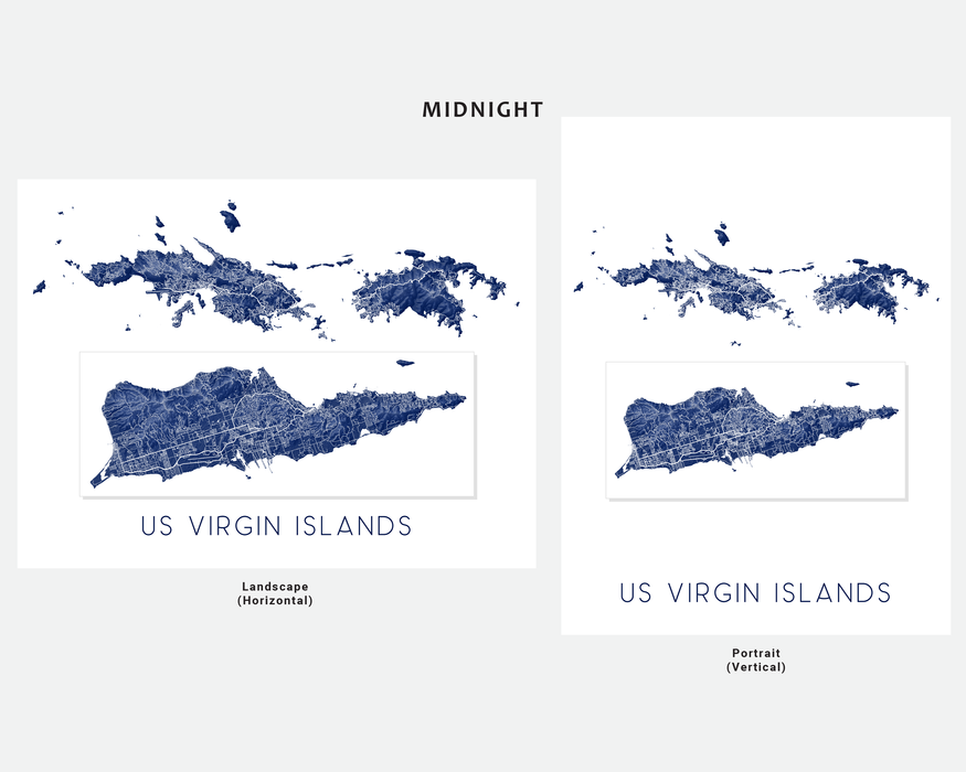 US Virgin Islands map print in Midnight by Maps As Art.
