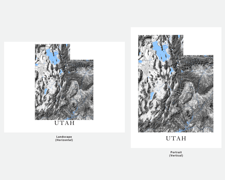 Utah state map print with a black and white topograhic design by Maps As Art.