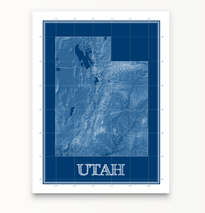 Utah state blueprint map art print designed by Maps As Art.