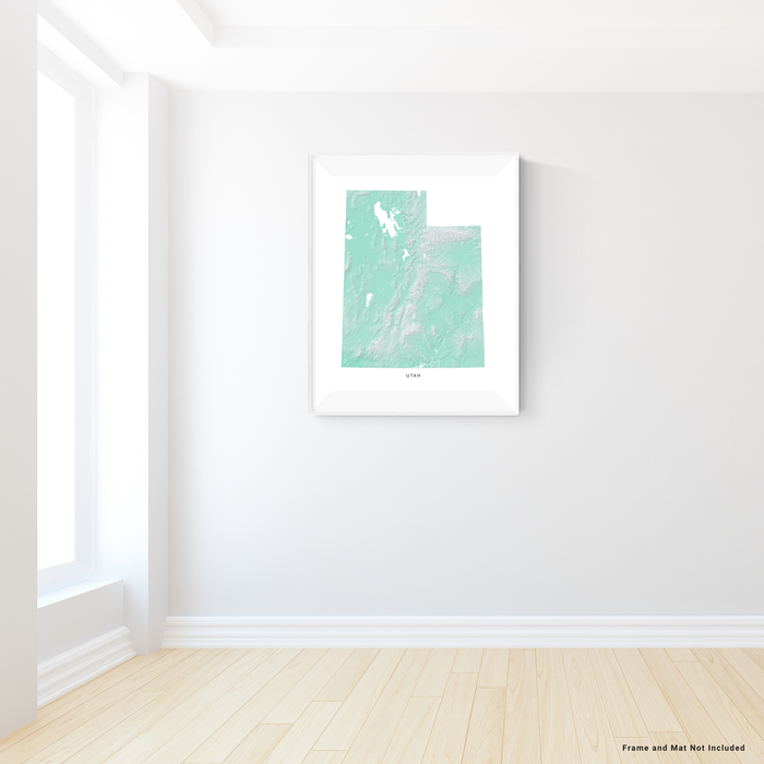 Utah state map print with natural landscape in aqua tints designed by Maps As Art.