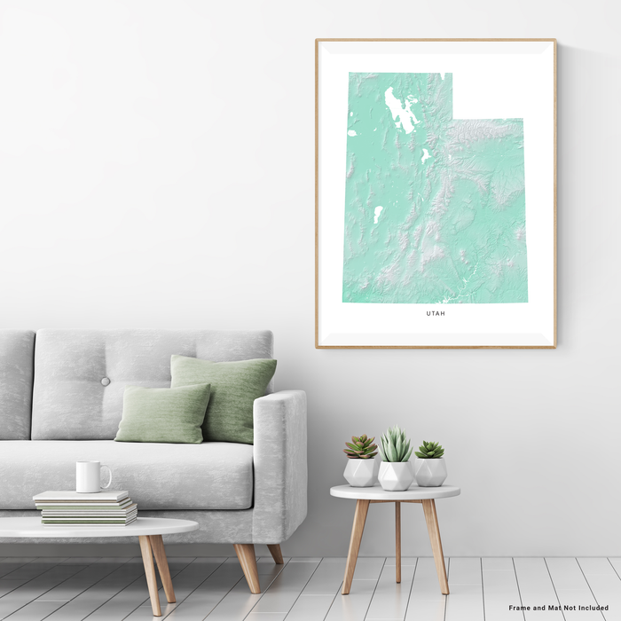 Utah state map print with natural landscape in aqua tints designed by Maps As Art.