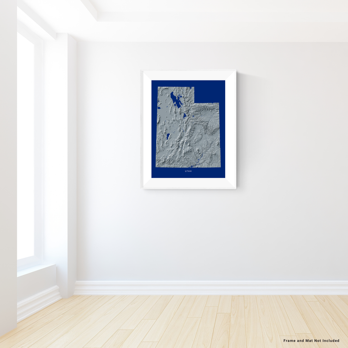 Utah state map print with natural landscape in greyscale and a navy blue background designed by Maps As Art.