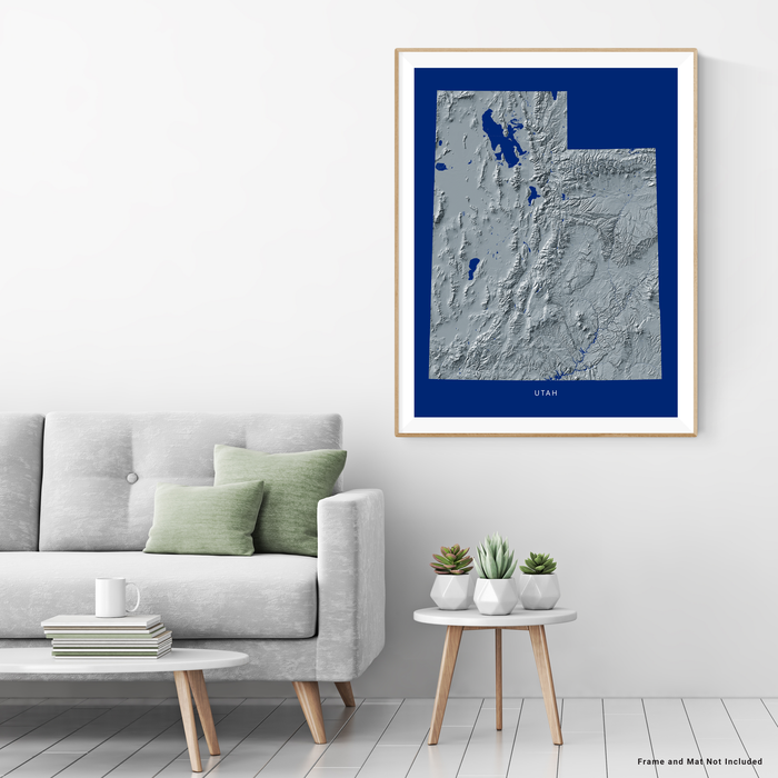Utah state map print with natural landscape in greyscale and a navy blue background designed by Maps As Art.