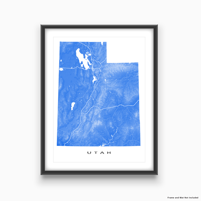 Utah state map print with natural landscape and main roads in Navy designed by Maps As Art.