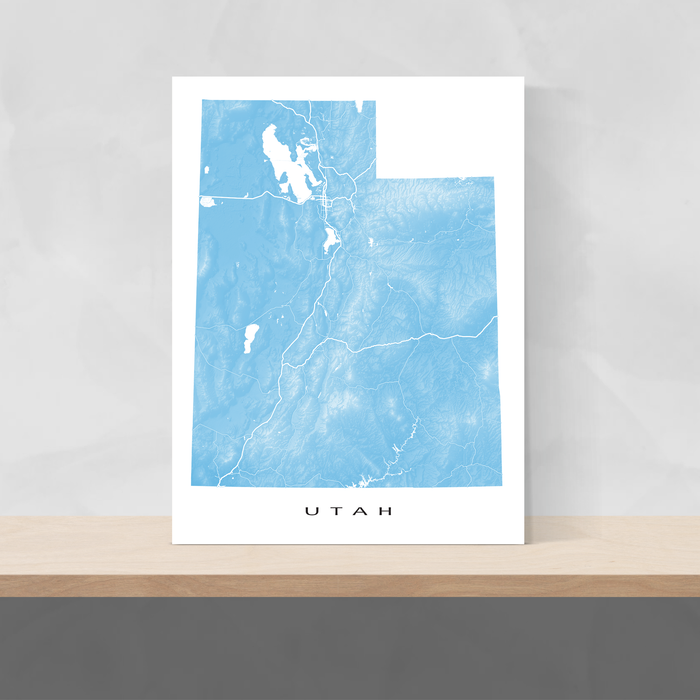 Utah state map print with natural landscape and main roads in Malibu designed by Maps As Art.