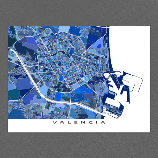 Valencia, Spain map art print in blue shapes designed by Maps As Art.