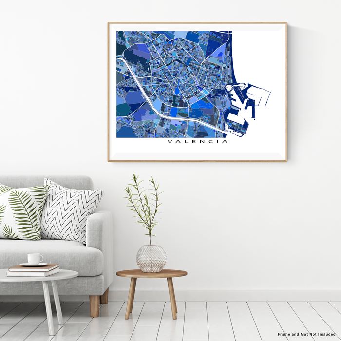 Valencia, Spain map art print in blue shapes designed by Maps As Art.