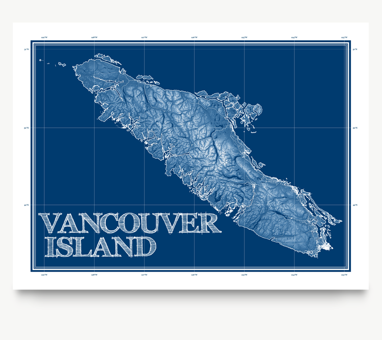 Vancouver Island, BC, Canada blueprint map art print designed by Maps As Art.