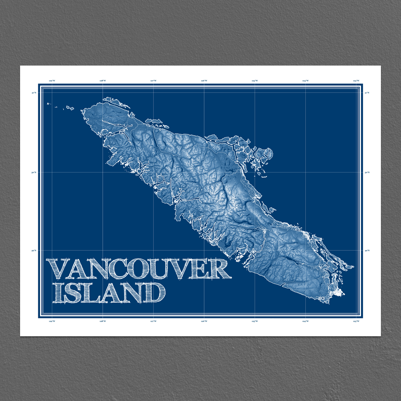 Vancouver Island Map Print, BC, Blueprint Style Topographic Canada Map
