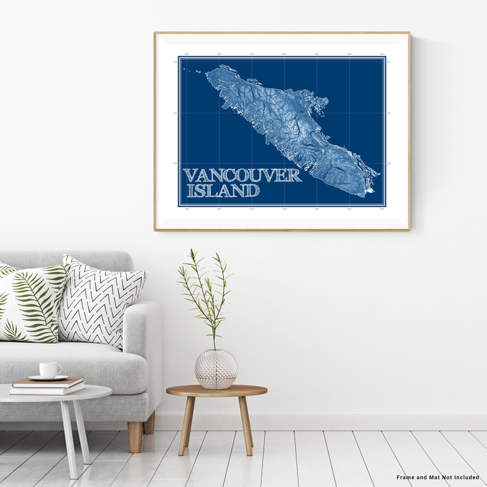 Vancouver Island, BC, Canada blueprint map art print designed by Maps As Art.