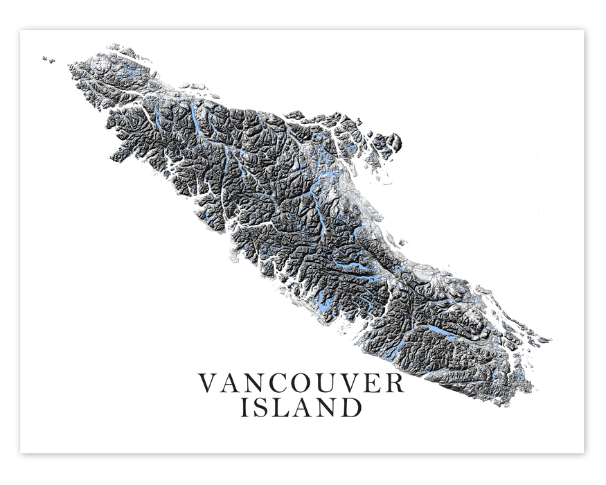 Vancouver Island map print with a black and white design by Maps As Art.