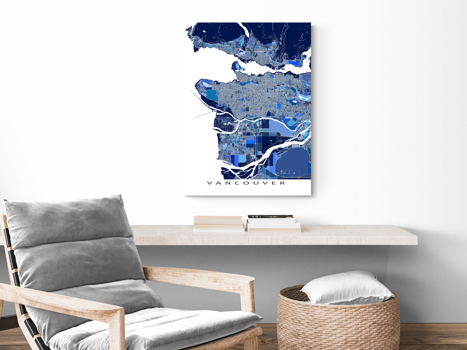 Vancouver BC Canada map print with a blue geometric design by Maps As Art.