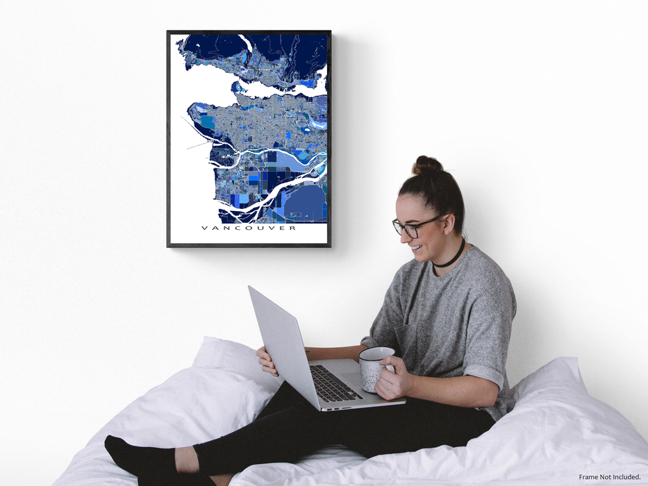 Vancouver BC Canada map print with a blue geometric design by Maps As Art.
