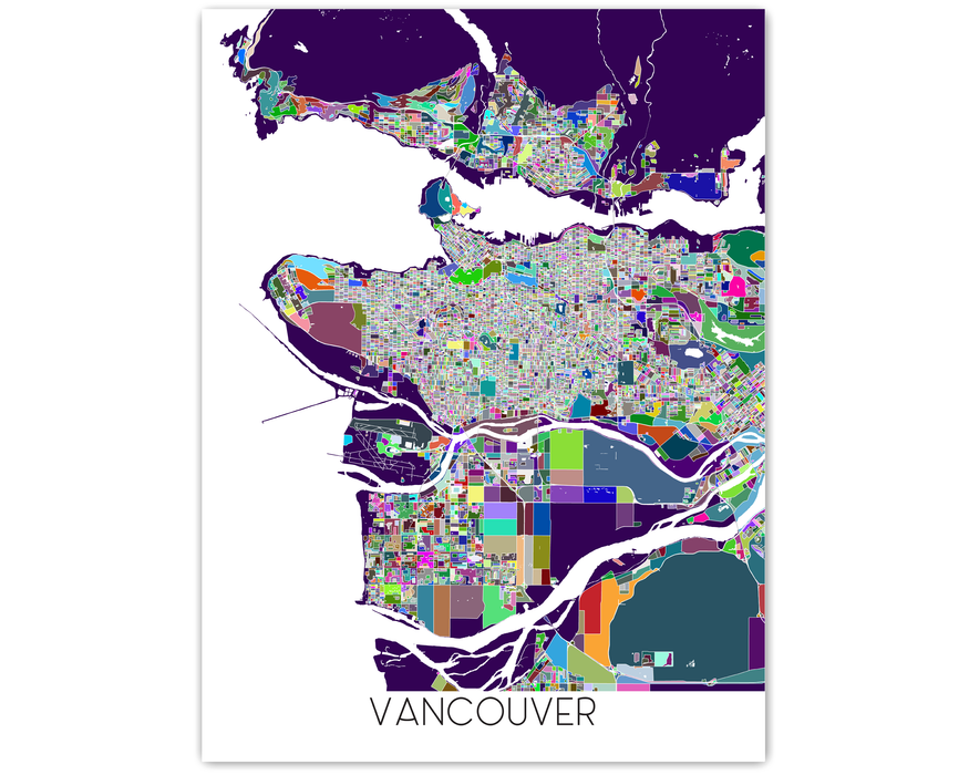 Vancouver BC Canada map print with a colourful geometric design by Maps As Art.