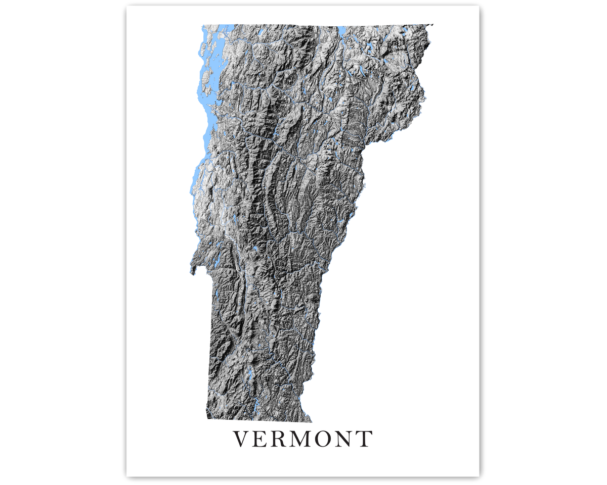 Vermont State Map Wall Art Print Poster - Black and White Topographic ...